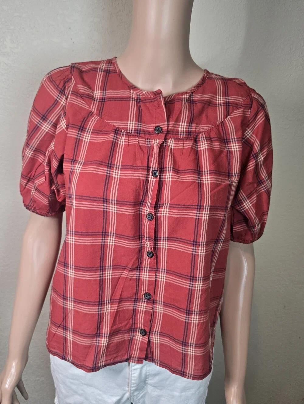 Madewell Red Plaid Short Sleeve Round Neck Lightweight Cotton Prose Shirt S